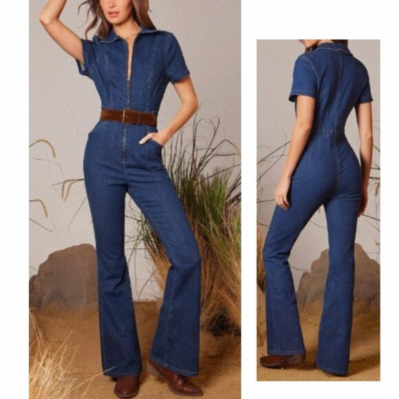 NEW Blue Denim Jumpsuit Size Small - The Jayde Flare - Picture 1 of 4